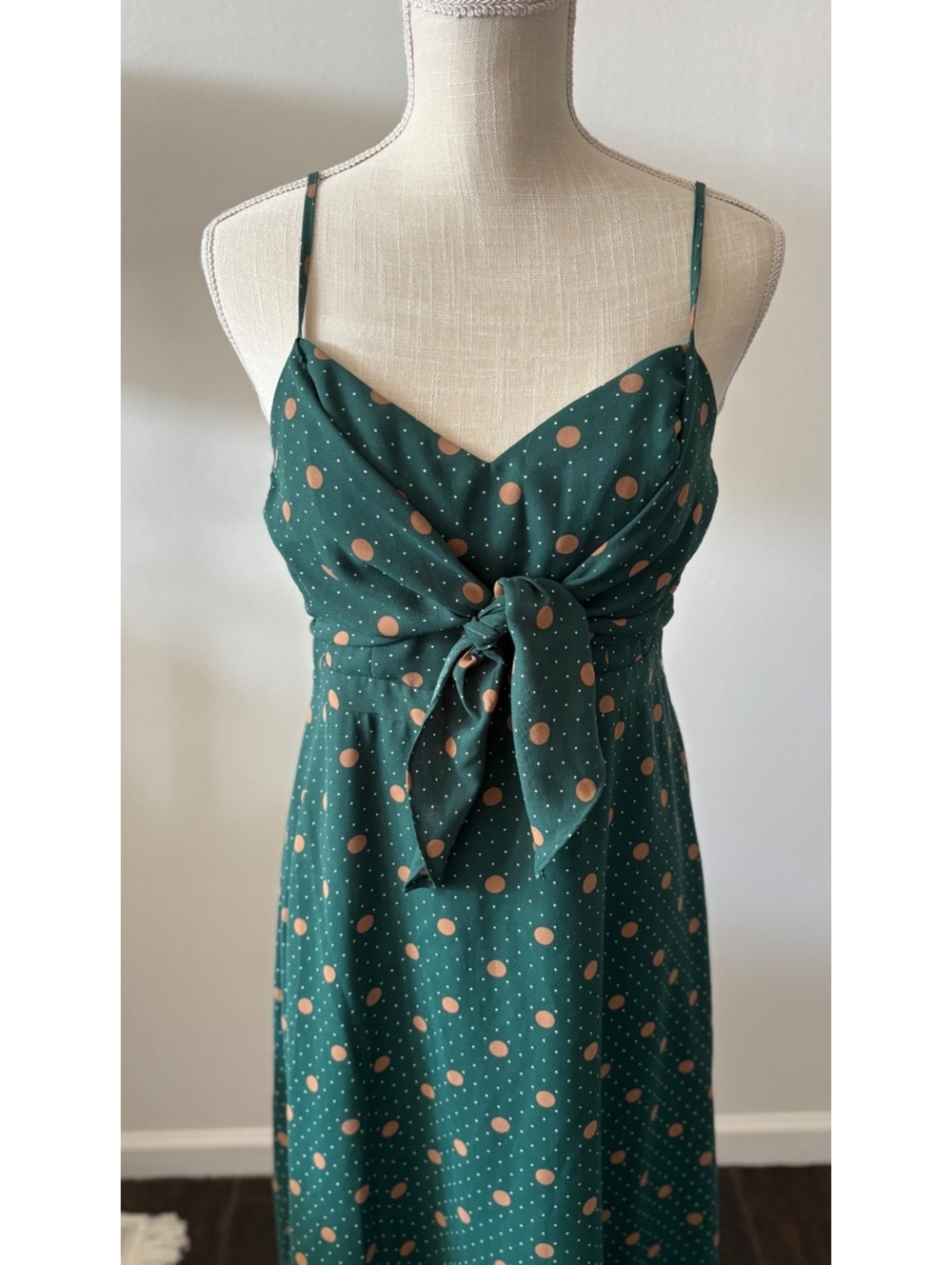 Lush Green Polka Dot Midi Dress with Tie Front and Adjustable Straps Size M
